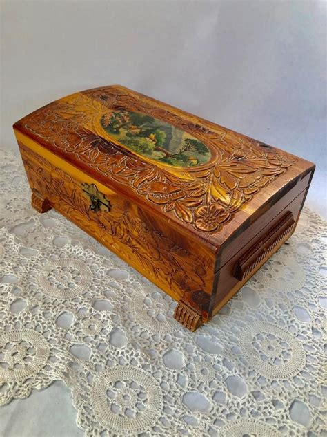 Vintage Carved Wooden Jewelry Box With Mirror 